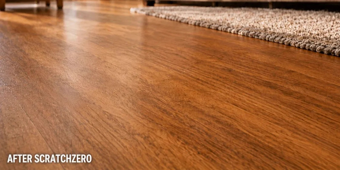 Same wood floor after ScratchZero repair, scratch blended
