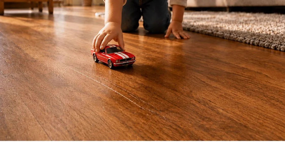 Kid's toy scratch on wood floor before ScratchZero repair