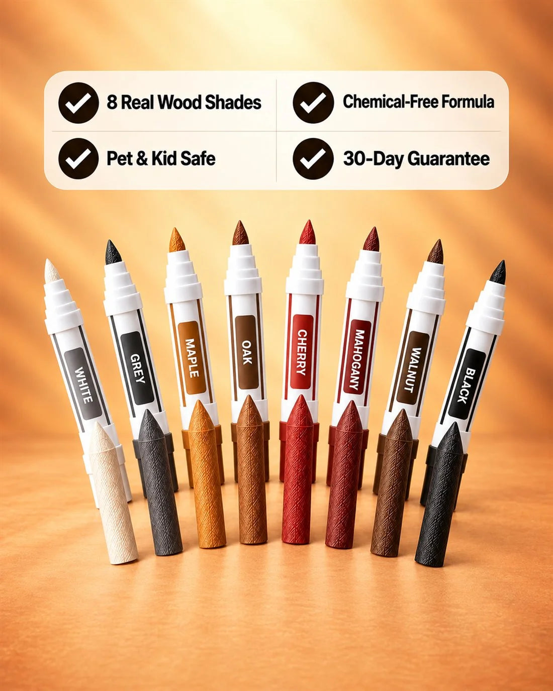 Eight ScratchZero wood repair markers and matching wax filler sticks labeled White, Grey, Maple, Oak, Cherry, Mahogany, Walnut, and Black