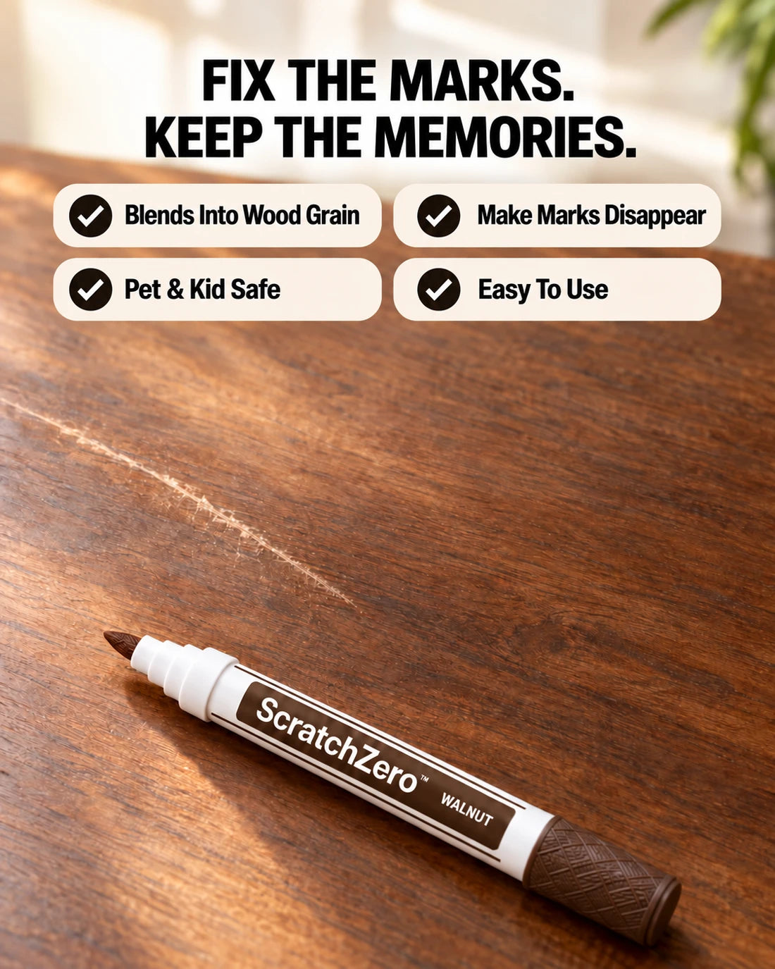 A ScratchZero Walnut wood repair marker beside a scratch on a wood table surface