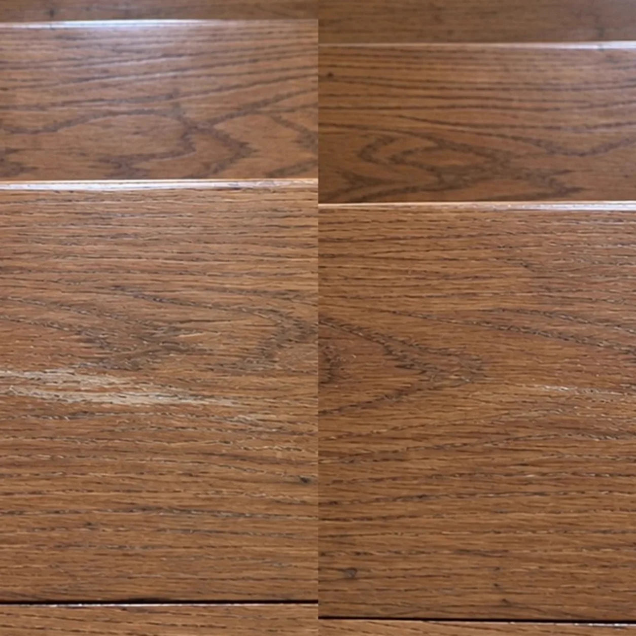 Before and after: worn oak stair tread scuff blended with ScratchZero
