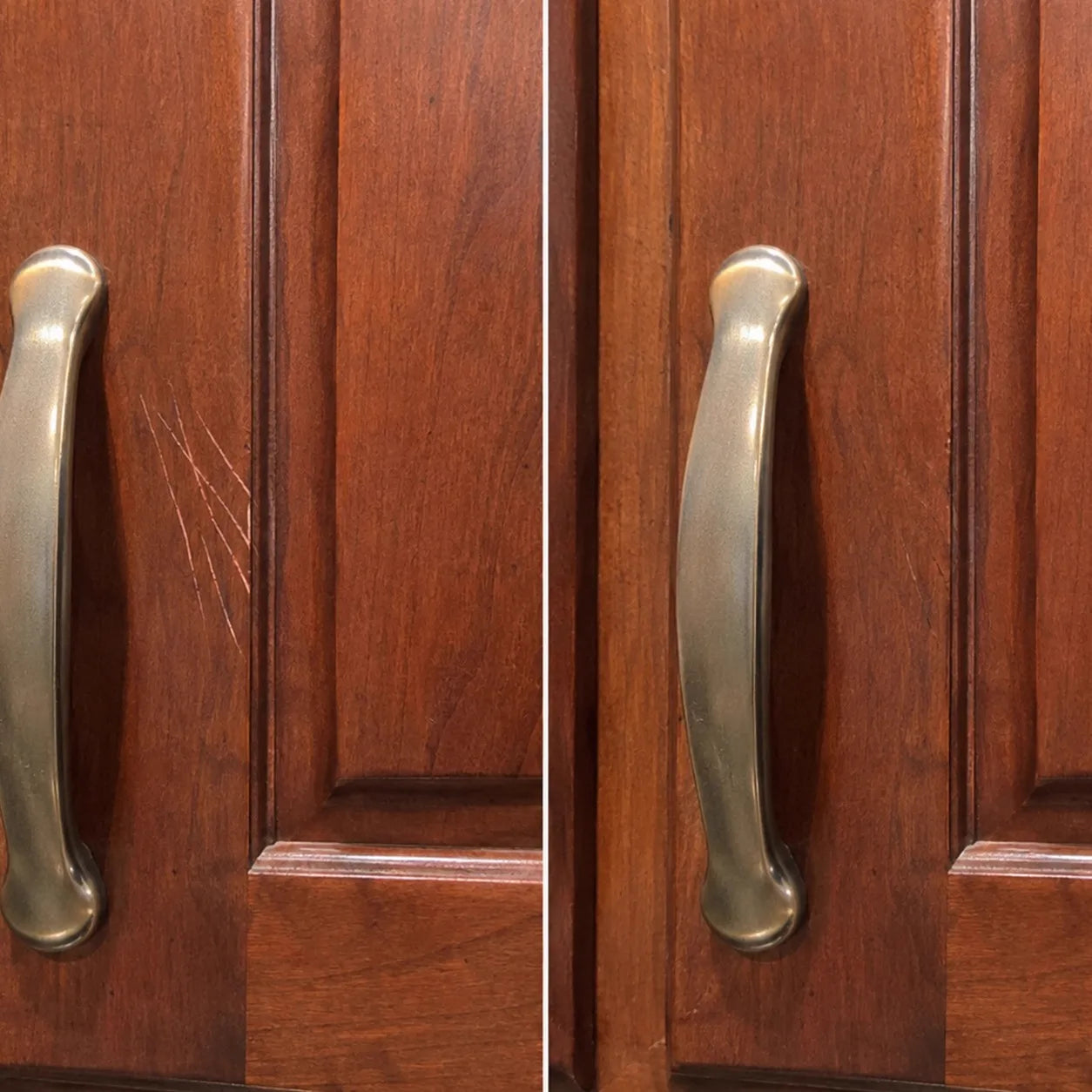 Before and after: cat scratches on cherry cabinet door blended with ScratchZero
