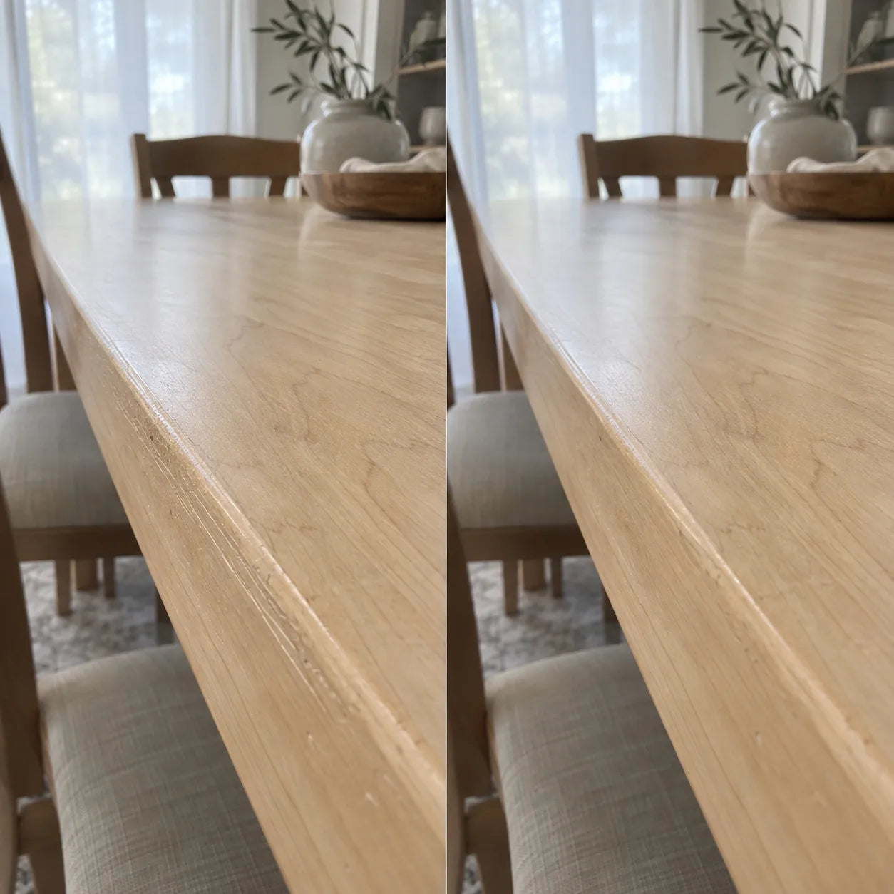 Before and after: chair-drag lines on maple dining table blended with ScratchZero