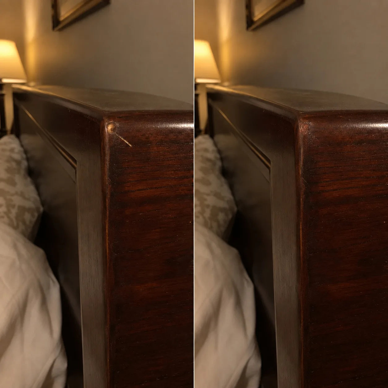 Before and after: dented mahogany headboard filled and blended with ScratchZero